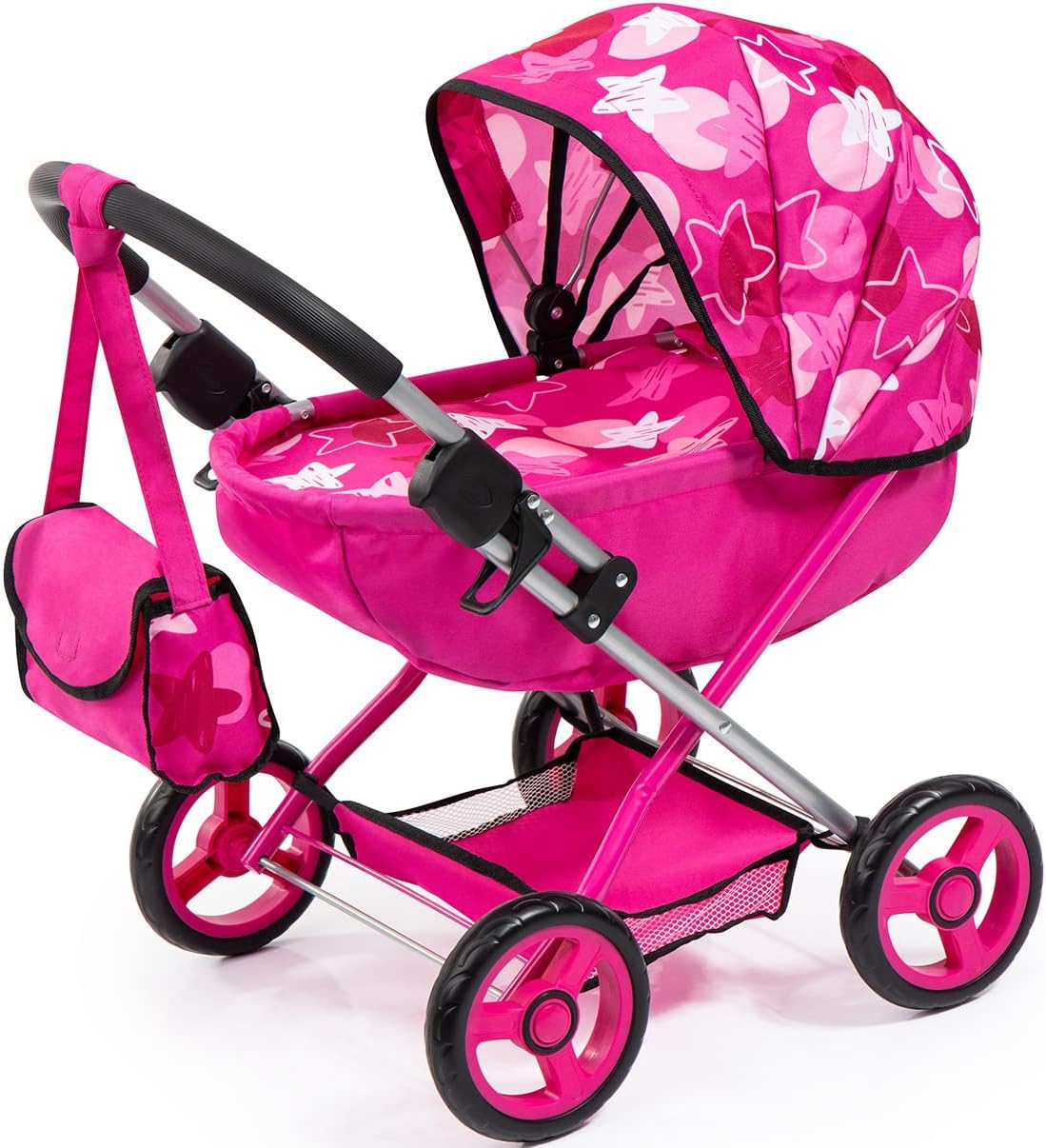 Baby Doll Stroller Pram for Toddlers, Foldable with Bag and Blanket, Modern Pink with Stars - SILBERSHELL