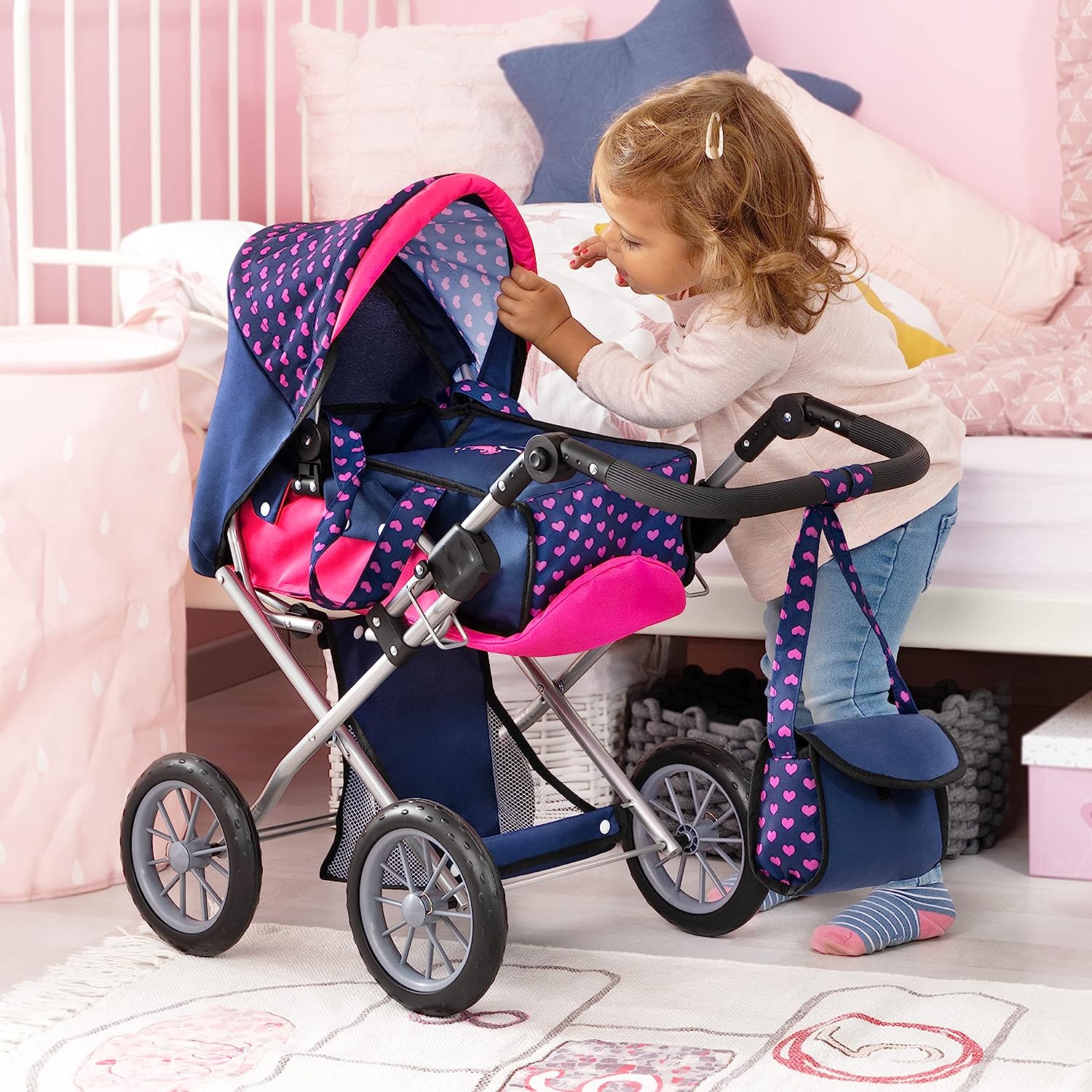Baby Doll City Star Pram in Polka Dots, Blue and Pink - SILBERSHELL