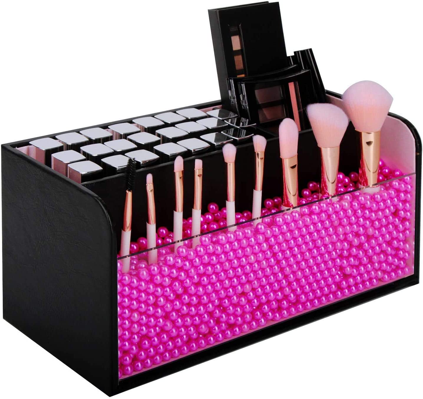 Leather Makeup Brush Cosmetic Organiser Storage Box with Pink Pearls, Acrylic Cover and 3 Compartments(Black) - SILBERSHELL