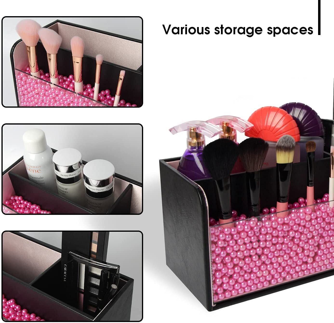 Leather Makeup Brush Cosmetic Organiser Storage Box with Pink Pearls, Acrylic Cover and 3 Compartments(Black) - SILBERSHELL