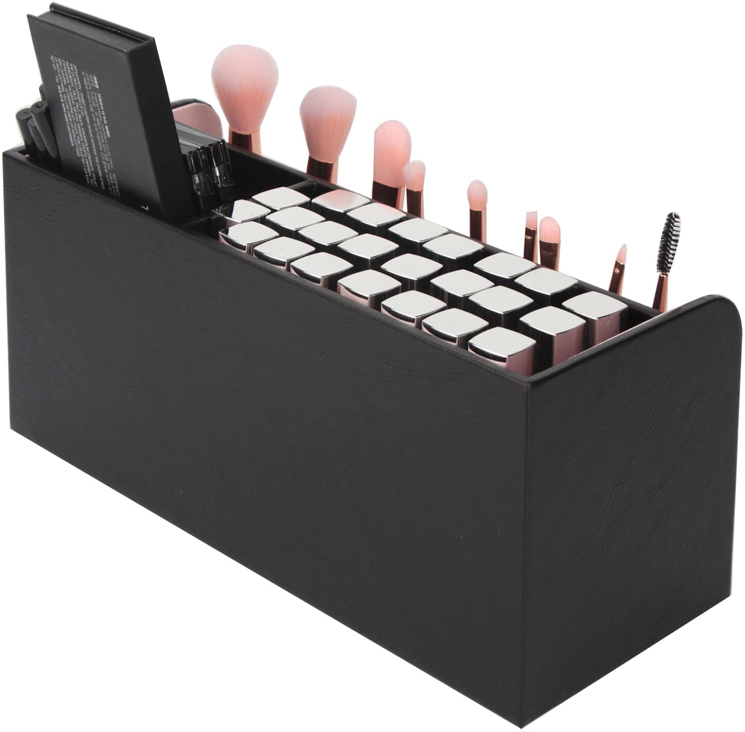 Leather Makeup Brush Cosmetic Organiser Storage Box with Pink Pearls, Acrylic Cover and 3 Compartments(Black) - SILBERSHELL