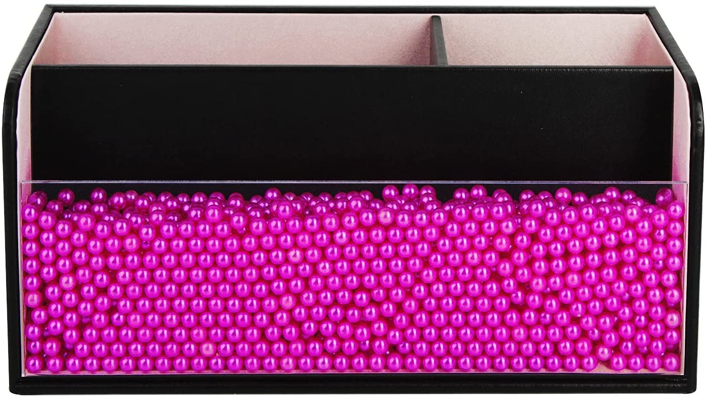 Leather Makeup Brush Cosmetic Organiser Storage Box with Pink Pearls, Acrylic Cover and 3 Compartments(Black) - SILBERSHELL