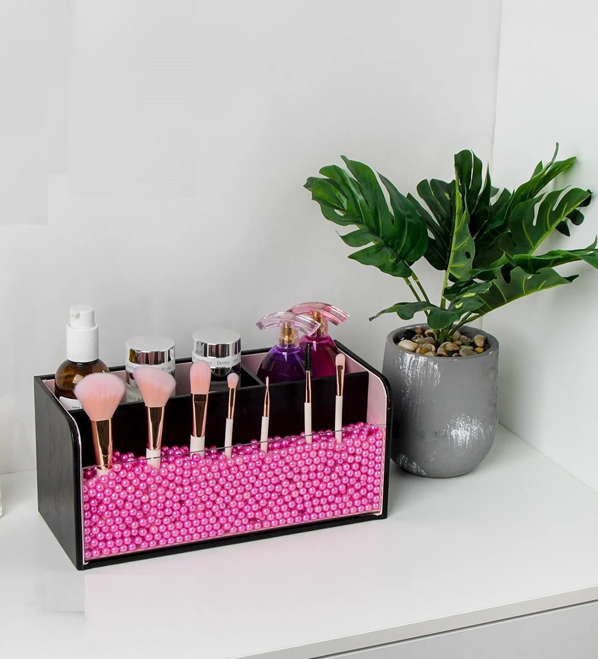 Leather Makeup Brush Cosmetic Organiser Storage Box with Pink Pearls, Acrylic Cover and 3 Compartments(Black) - SILBERSHELL