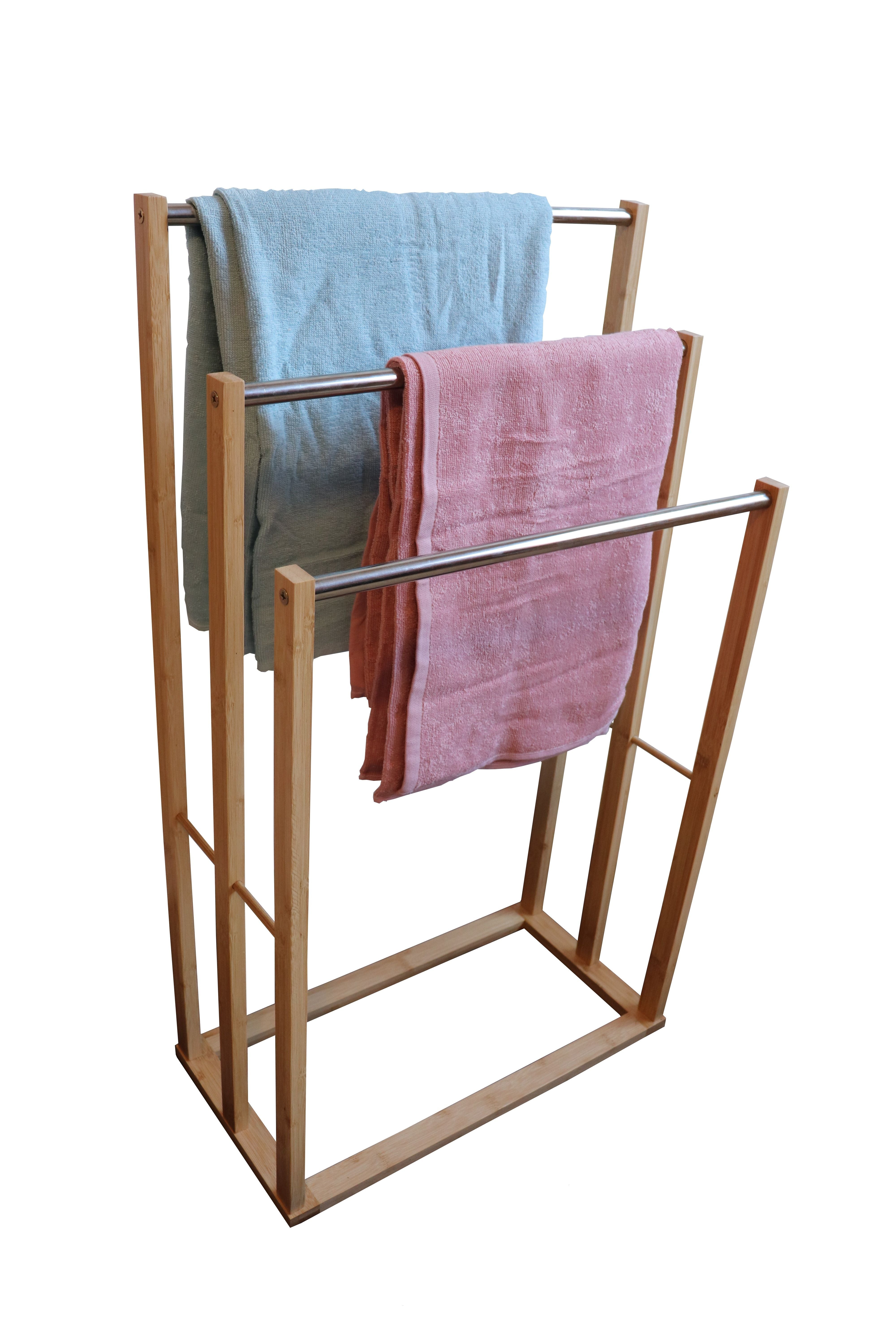 Bamboo Towel Bar Metal Holder Rack 3-Tier Freestanding for Bathroom and Bedroom - SILBERSHELL