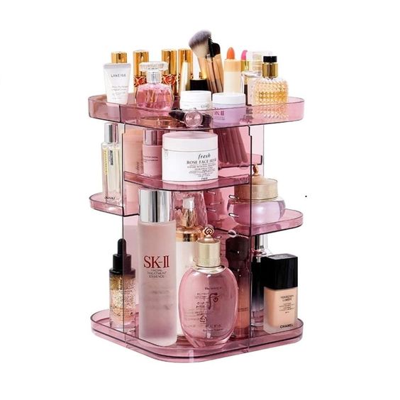 360 Rotating Large Capacity Makeup Organizer for Bedroom and Bathroom (Pink) - SILBERSHELL