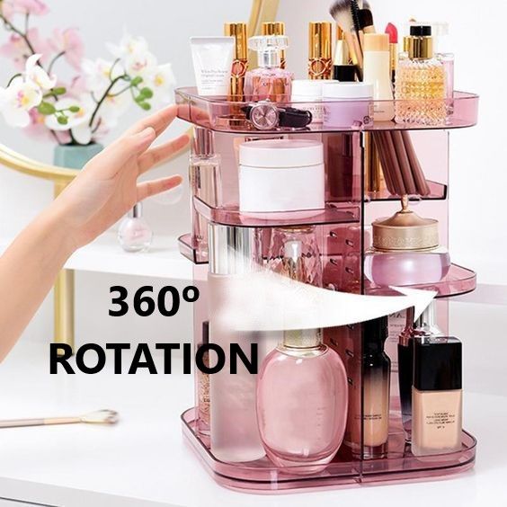 360 Rotating Large Capacity Makeup Organizer for Bedroom and Bathroom (Pink) - SILBERSHELL