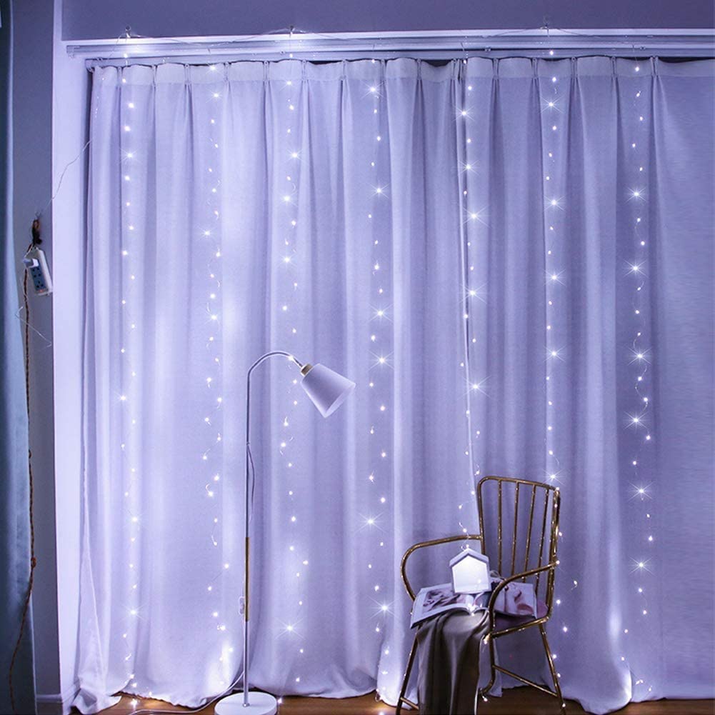 300 LEDs Window Curtain Fairy Lights 8 Modes and Remote Control for Bedroom (Cool White, 300 x 300cm) - SILBERSHELL