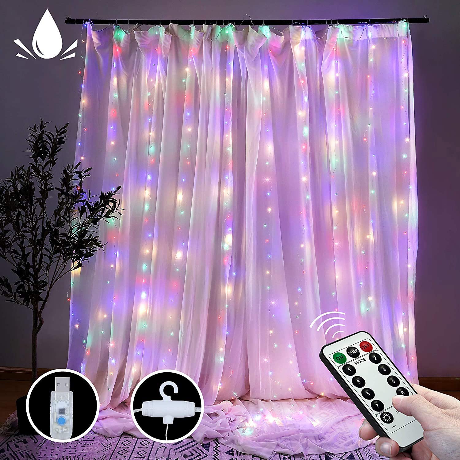 300 LEDs Window Curtain Fairy Lights 8 Modes and Remote Control for Bedroom (Multicolor, 300 x 300cm) - SILBERSHELL