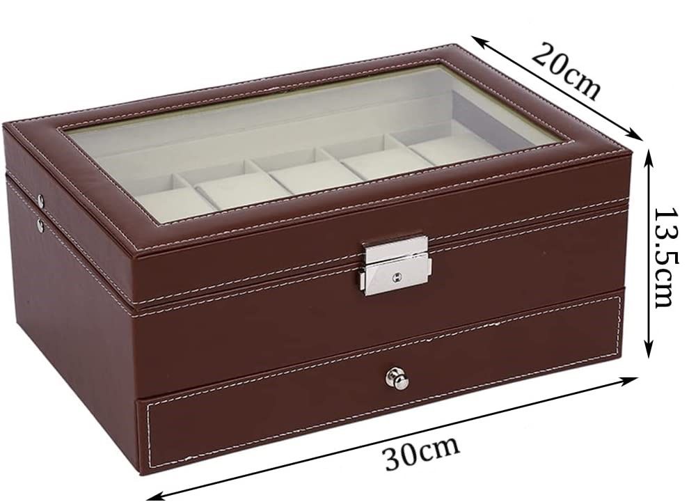 12 Slot PU Leather Lockable Watch and Jewelry Storage Boxes (Brown) - SILBERSHELL
