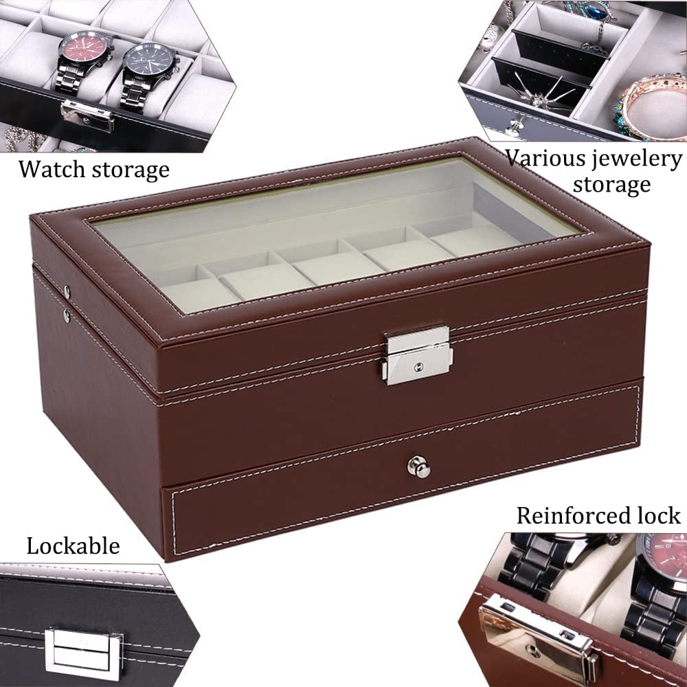 12 Slot PU Leather Lockable Watch and Jewelry Storage Boxes (Brown) - SILBERSHELL