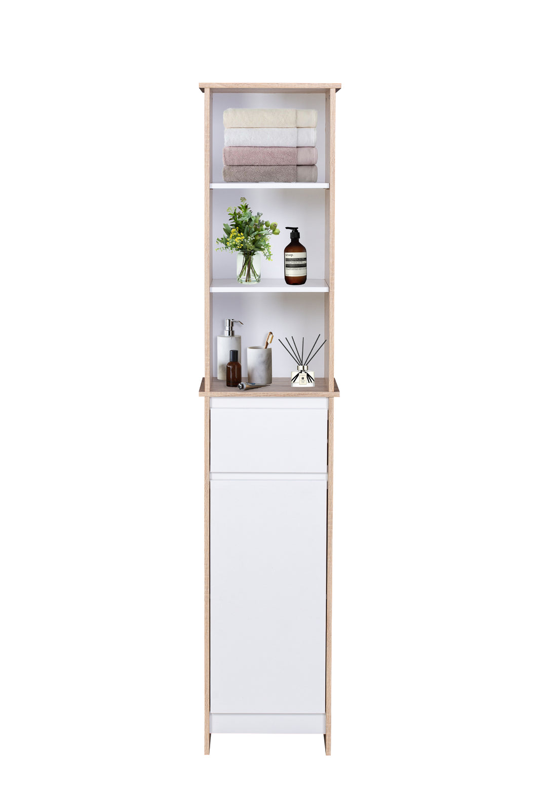 Alto Bathroom Tallboy Narrow High Cabinet With 1 Door/1 Drawer/3 Shelves - Oak/White - SILBERSHELL