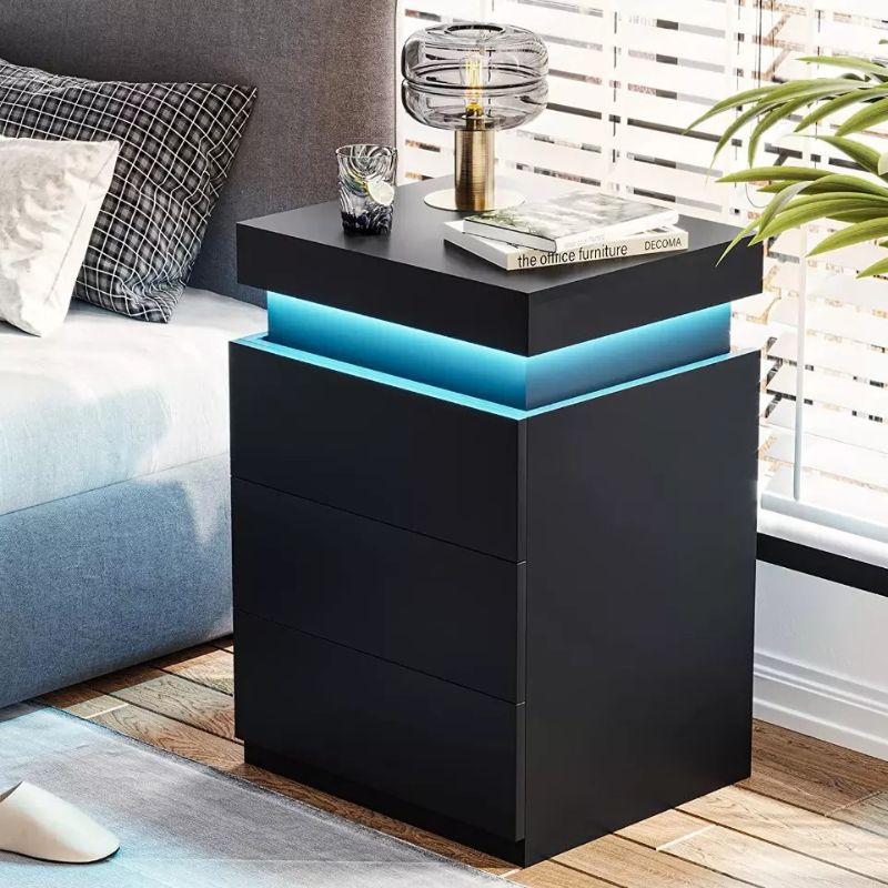 LED Bedside Table High Gloss Nightstand Cabinet with 3-Drawers Black - SILBERSHELL