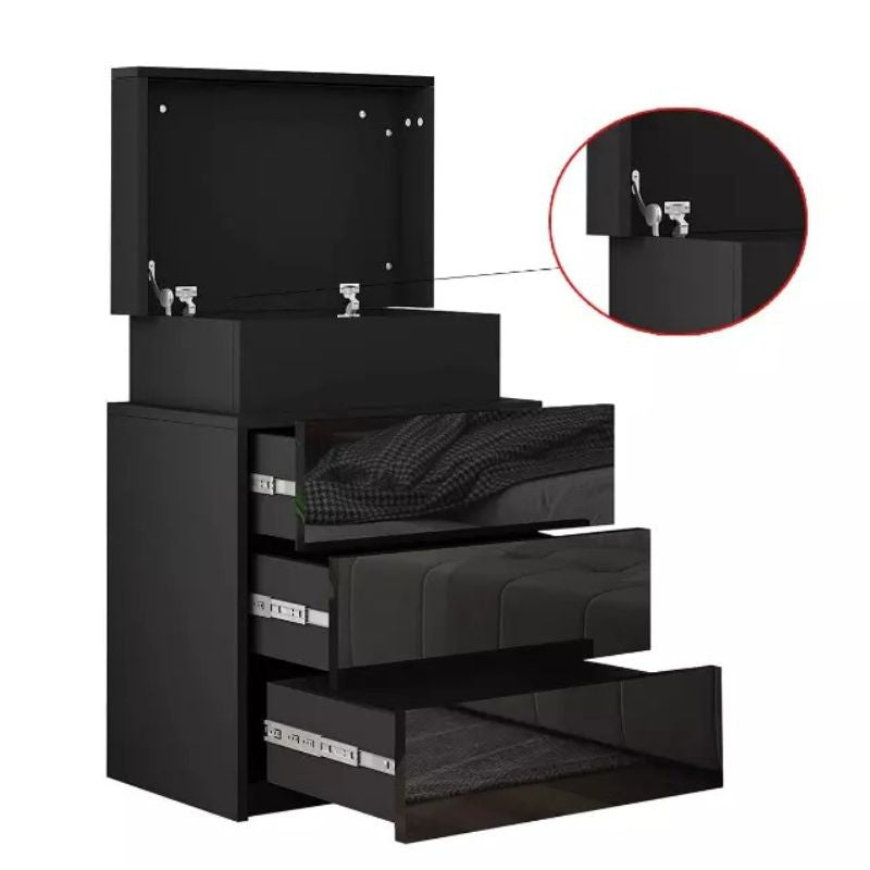 LED Bedside Table High Gloss Nightstand Cabinet with 3-Drawers Black - SILBERSHELL