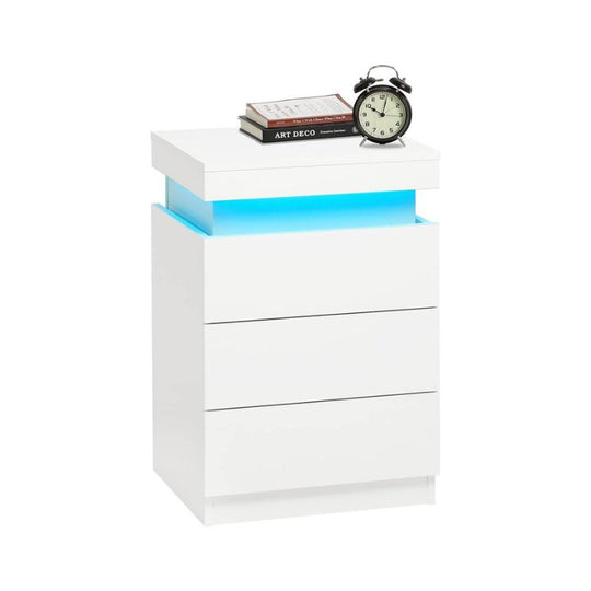 LED Bedside Table High Gloss Nightstand Cabinet with 3-Drawers White - SILBERSHELL
