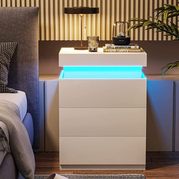 LED Bedside Table High Gloss Nightstand Cabinet with 3-Drawers White - SILBERSHELL