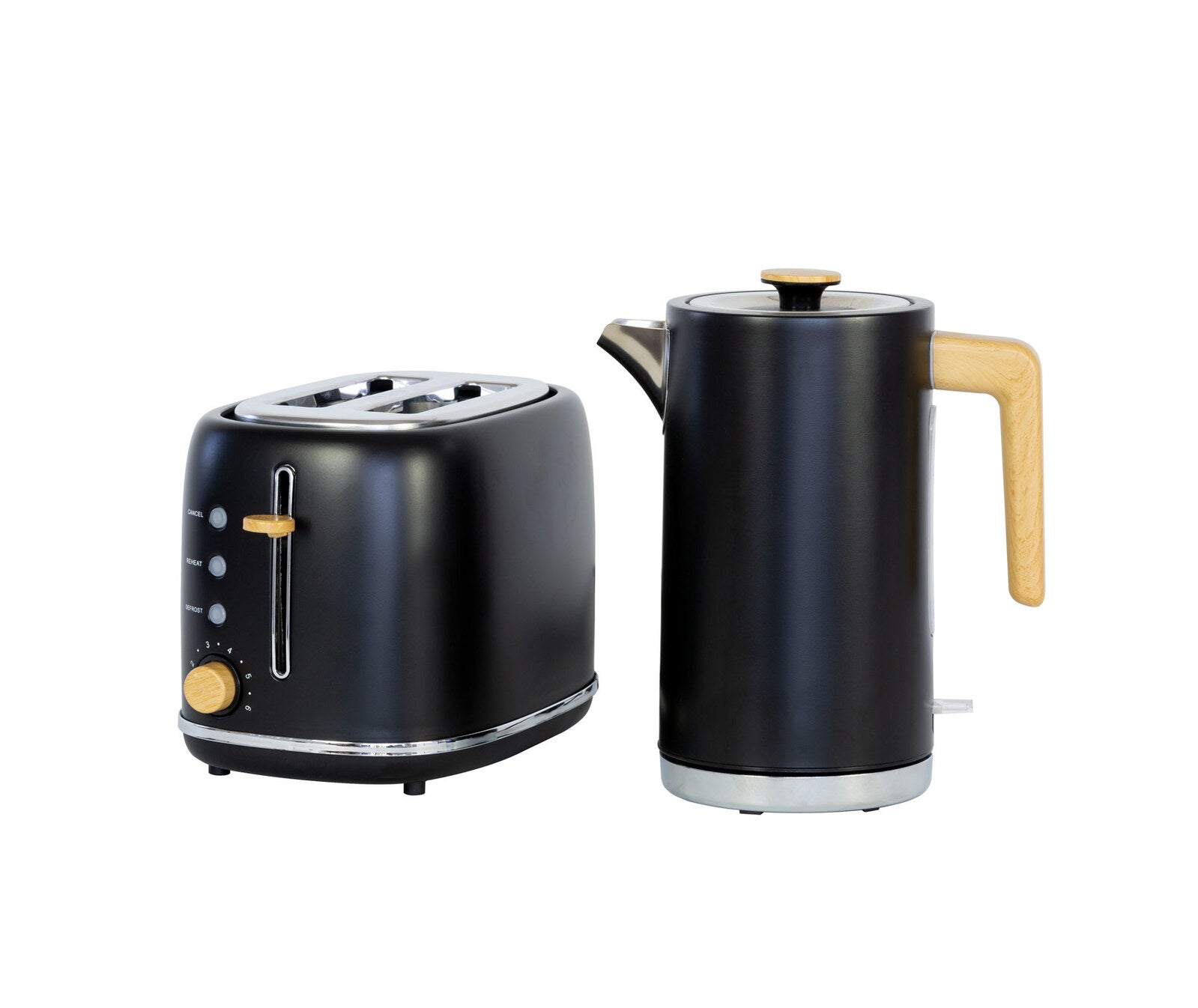1.7L Kitchen Kettle and 2-Slice Bread Toaster Set in Black with Wood Accents - SILBERSHELL