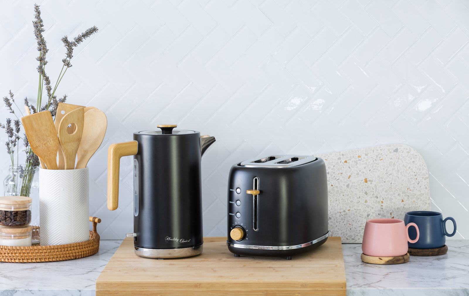 1.7L Kitchen Kettle and 2-Slice Bread Toaster Set in Black with Wood Accents - SILBERSHELL