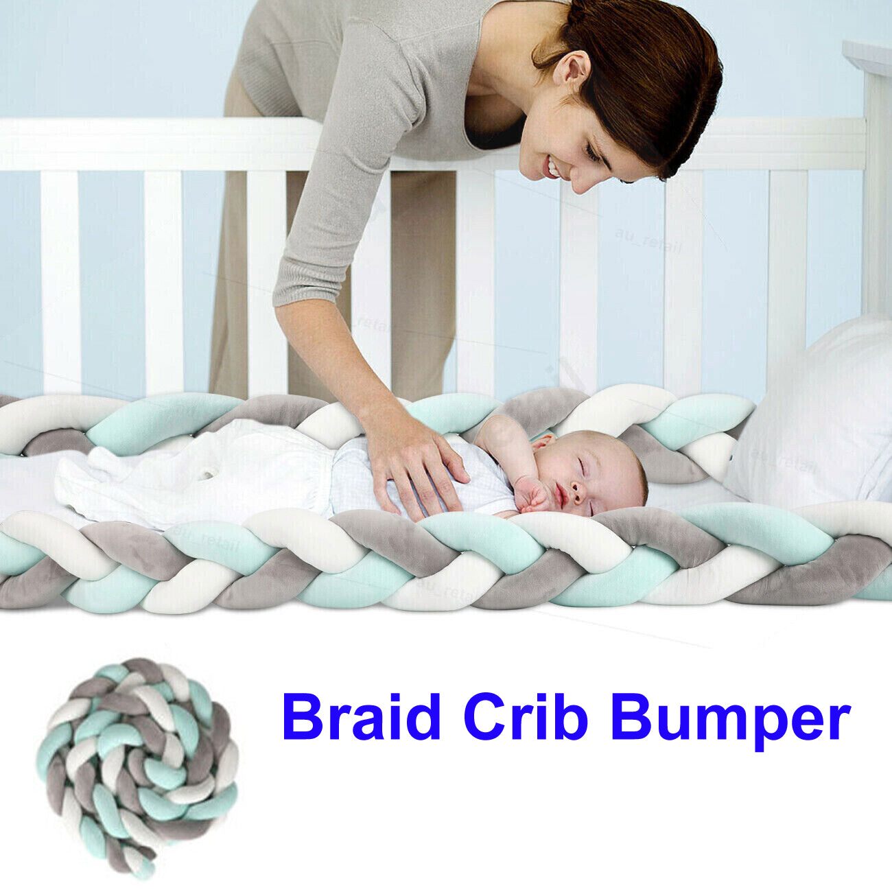 4M Kid Cot Bumper Braid Pillow Nursery Newborn Crib Bed Padded Protector Decor Gray+White+Green - SILBERSHELL