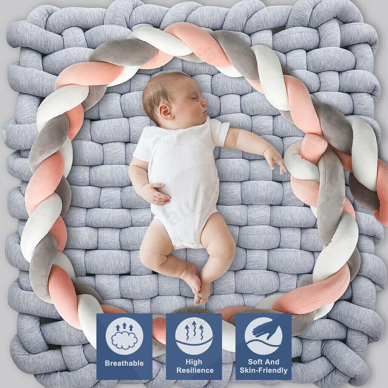 4M Kid Cot Bumper Braid Pillow Nursery Newborn Crib Bed Padded Protector Decor Gray+White+Pink - SILBERSHELL