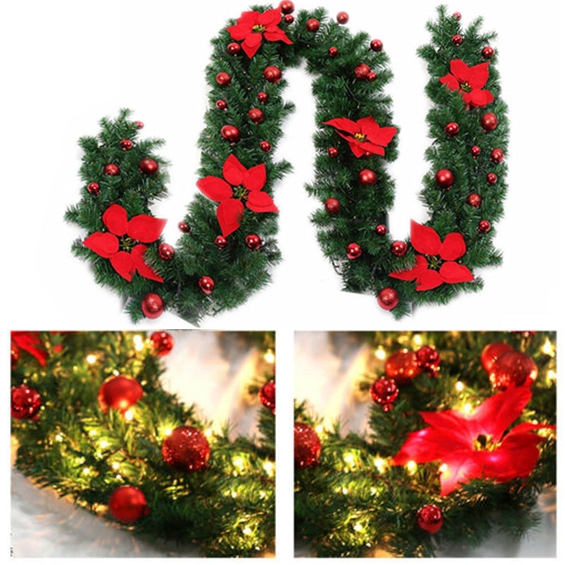 9FT Red Christmas Garland with LED Light Xmas Artificial Wreath Stairs Rattan Decor - SILBERSHELL