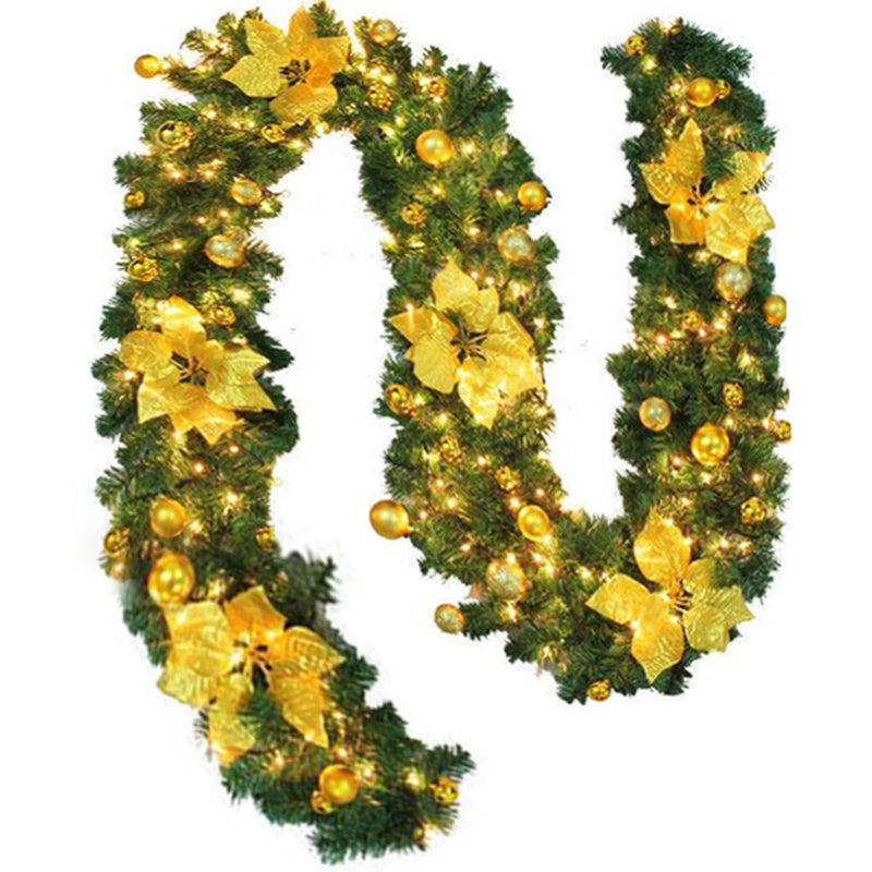 9FT Yellow Christmas Garland with LED Light Xmas Artificial Wreath Stairs Rattan Decor - SILBERSHELL