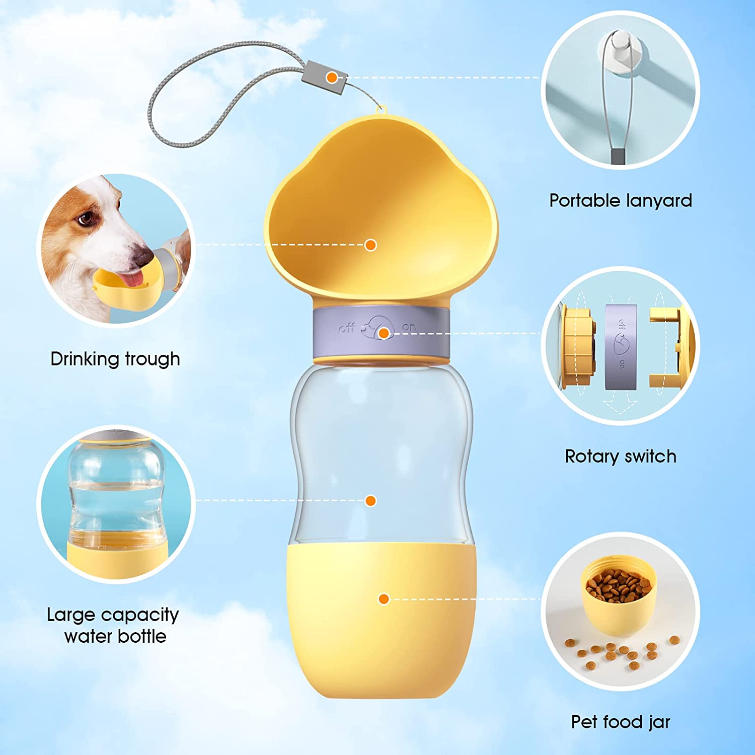 Portable Dog Water Bottle with Food Container Leak Proof Dog Water Dispenser(Yellow) - SILBERSHELL