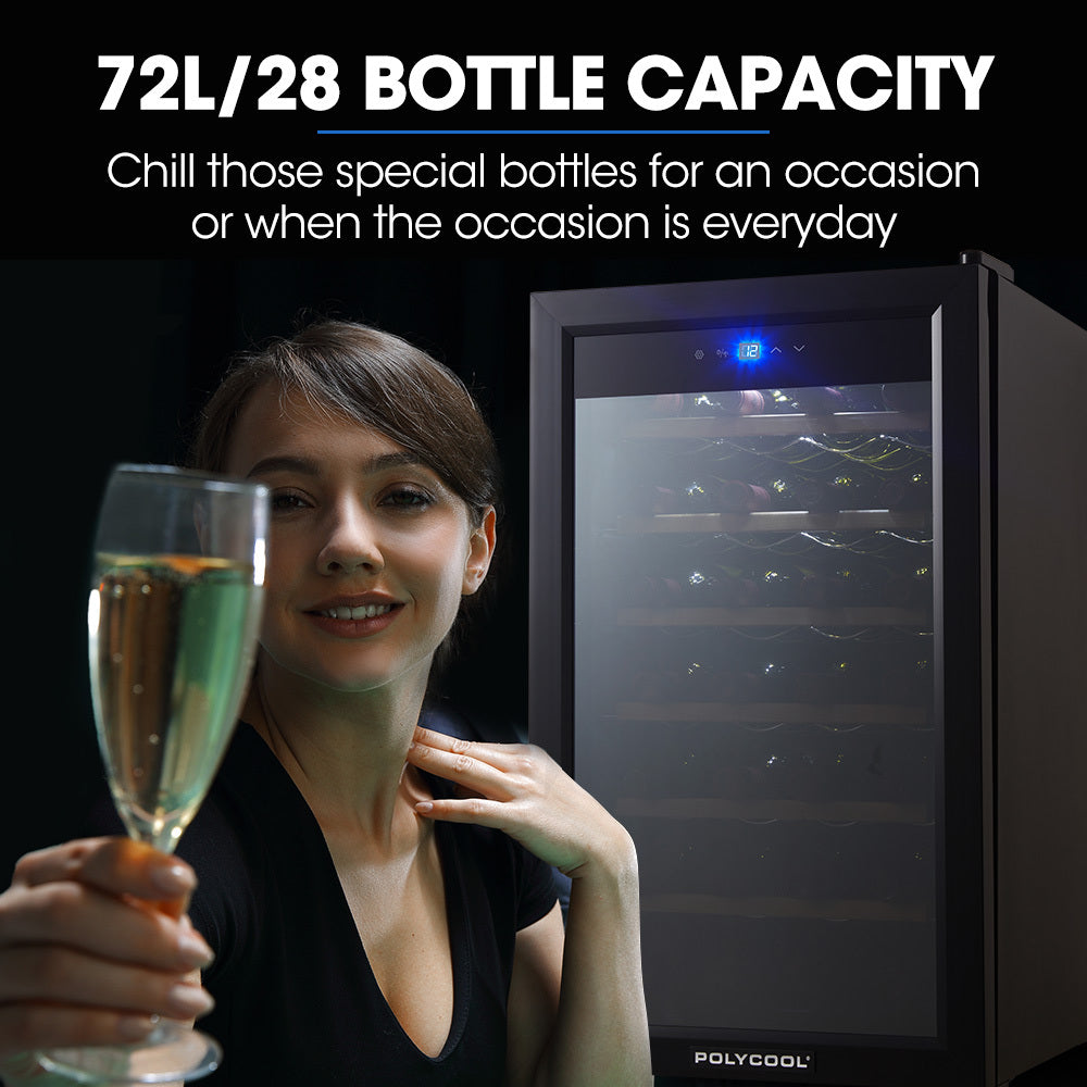 POLYCOOL 72L 28 Bottle Wine Bar Fridge Countertop Cooler Compressor Mirrored Glass Door, Black - SILBERSHELL