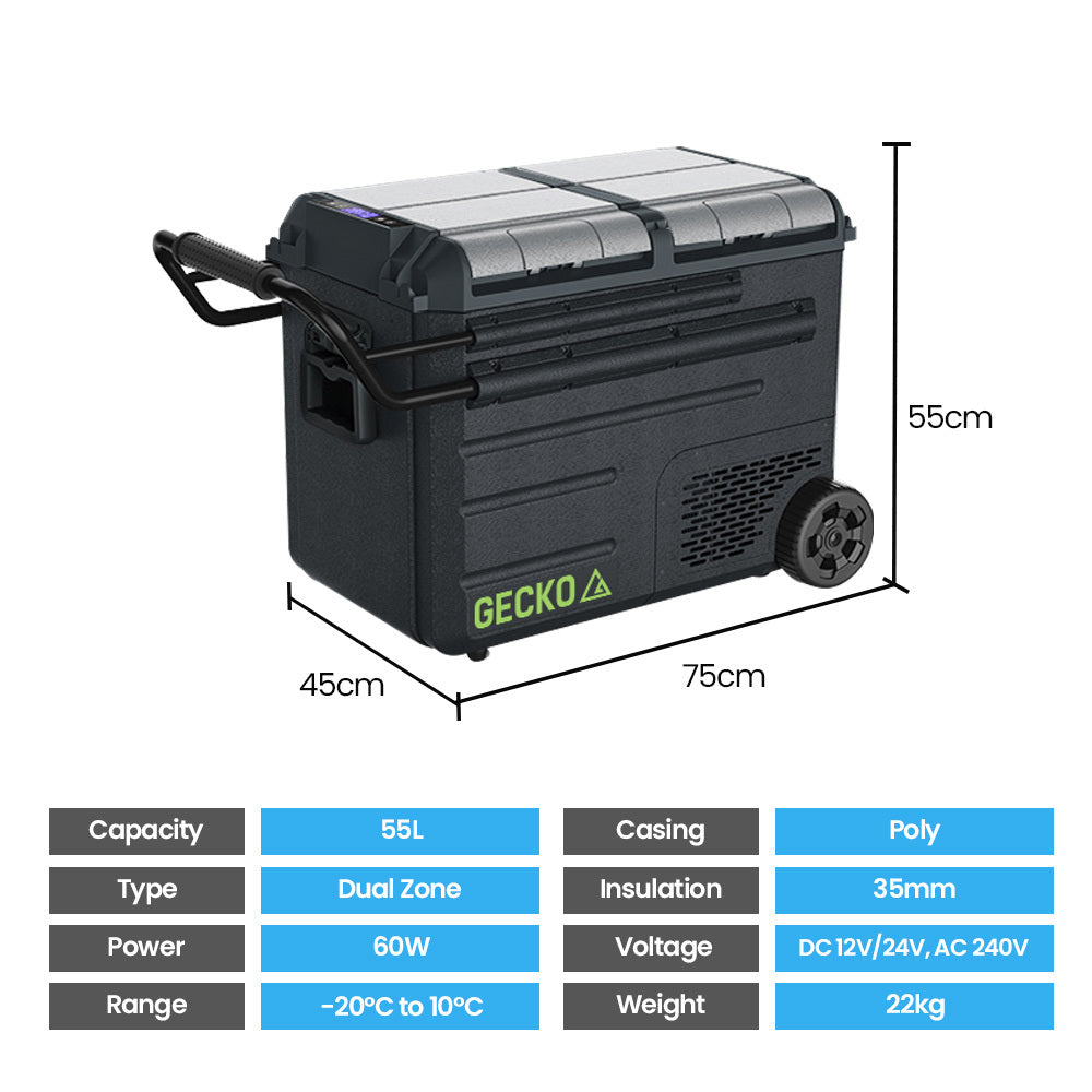 Gecko 55L Dual Zone Portable Fridge Freezer with onboard Lithium Battery, 12V/24V/240V, with 2 Doors, Wheels, for Camping, Car, Outings - SILBERSHELL