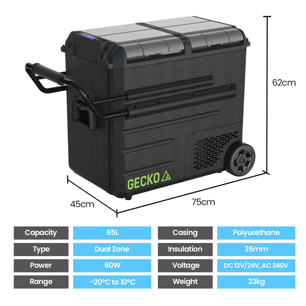 Gecko 65L Dual Zone Portable Fridge Freezer with onboard Lithium Battery, 12V/24V/240V, with 2 Doors, Wheels, for Camping, Car, Outings - SILBERSHELL