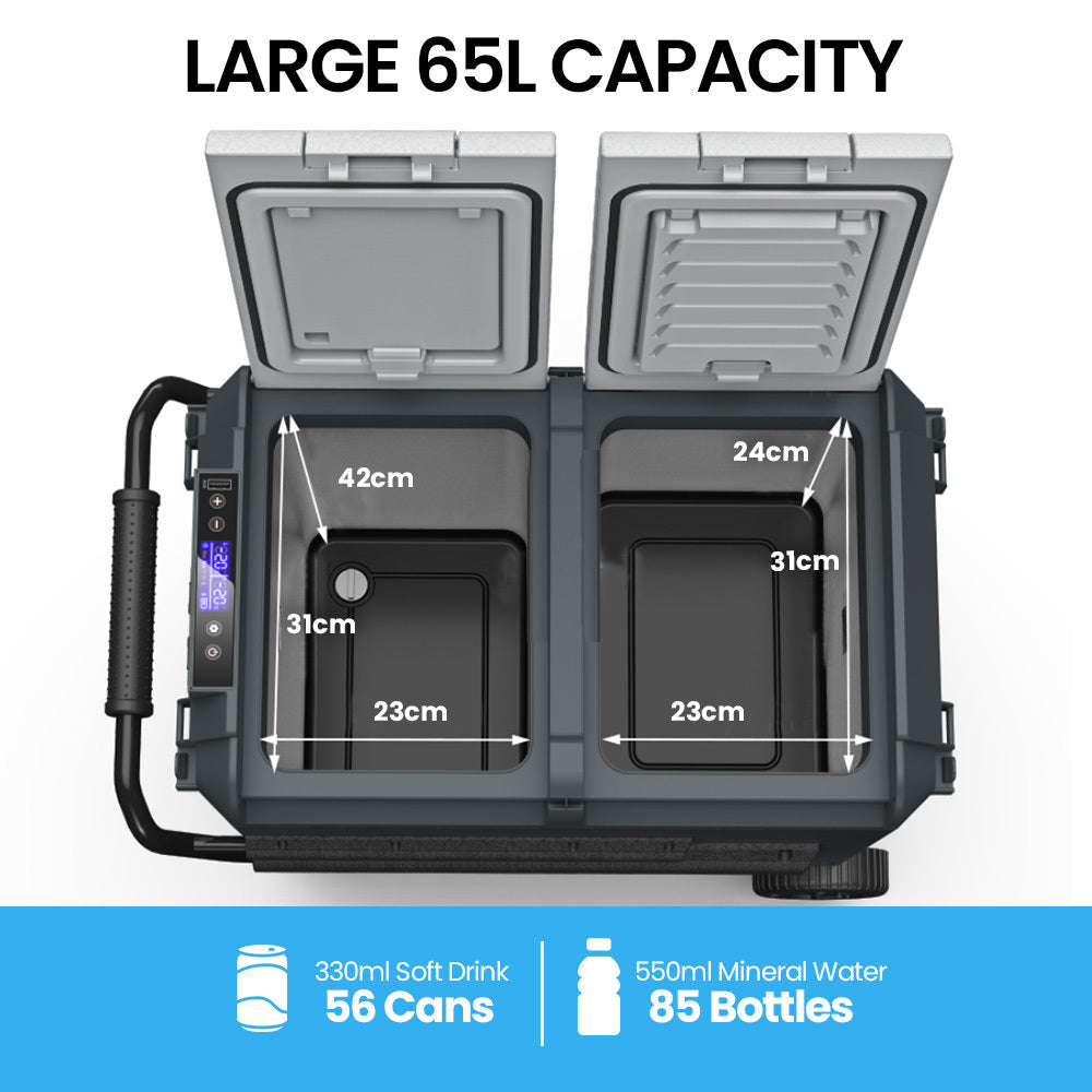 Gecko 65L Dual Zone Portable Fridge Freezer with onboard Lithium Battery, 12V/24V/240V, with 2 Doors, Wheels, for Camping, Car, Outings - SILBERSHELL