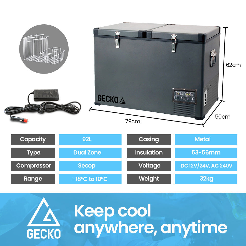 GECKO 92L Dual Zone Portable Fridge / Freezer, SECOP Compressor, for Camping, Car, Caravan - SILBERSHELL