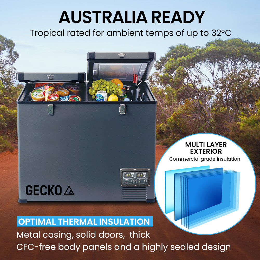 GECKO 92L Dual Zone Portable Fridge / Freezer, SECOP Compressor, for Camping, Car, Caravan - SILBERSHELL