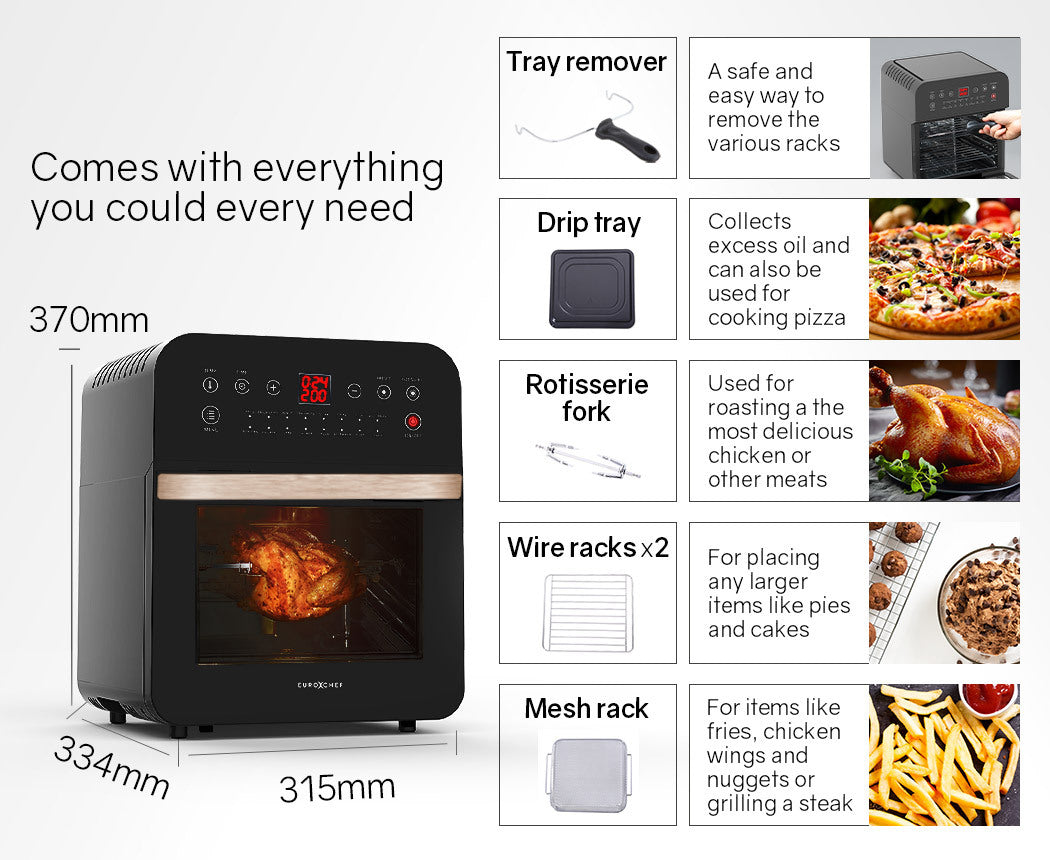 EUROCHEF 16L Air Fryer Electric Digital Airfryer Rotisserie Dry Large Big Cooker - SILBERSHELL