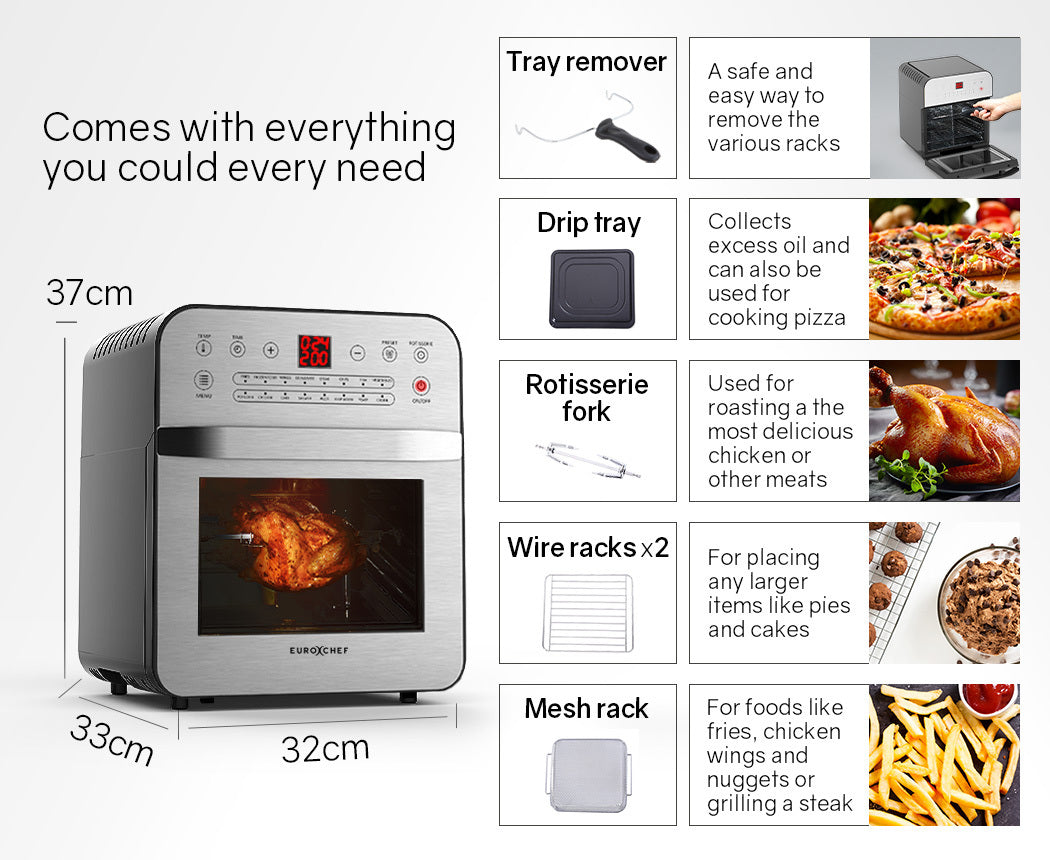 EUROCHEF 16L Digital Air Fryer Electric Airfryer Rotisserie Large Big Dry Cooker, Silver - SILBERSHELL