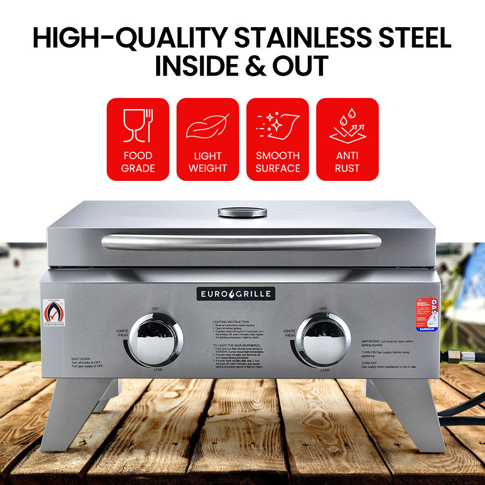 EUROGRILLE 2-Burner Stainless Steel Portable Gas BBQ Grill - SILBERSHELL