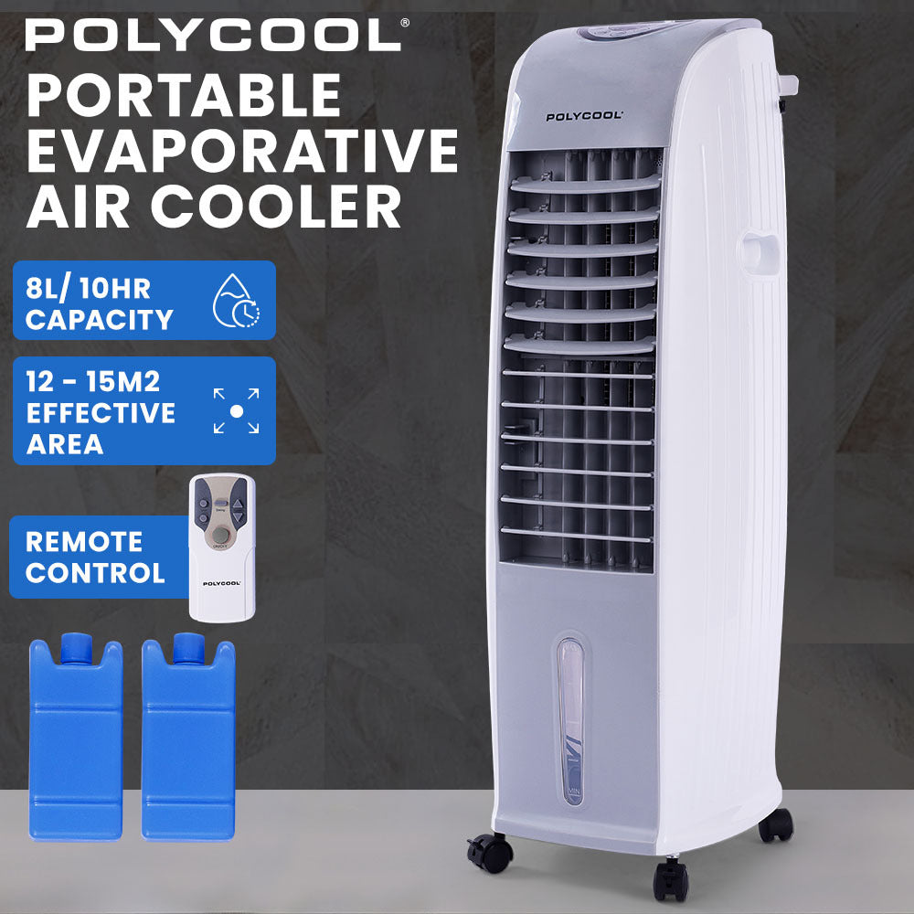 POLYCOOL 8L Portable Evaporative Air Cooler 24 Hour Timer 4 in 1 Cooling Fan, Grey and White - SILBERSHELL