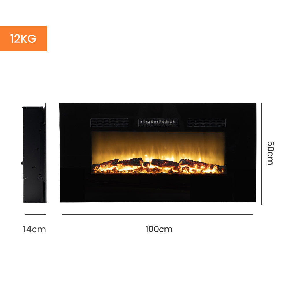CARSON 100cm Electric Fireplace Heater Wall Mounted 1800W Stove with Log Flame Effect - SILBERSHELL