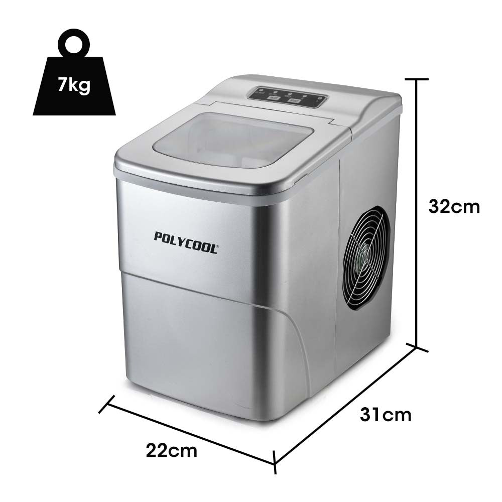 POLYCOOL 12KG Electric Ice Cube Maker Portable 2L Automatic Machine, Silver - SILBERSHELL