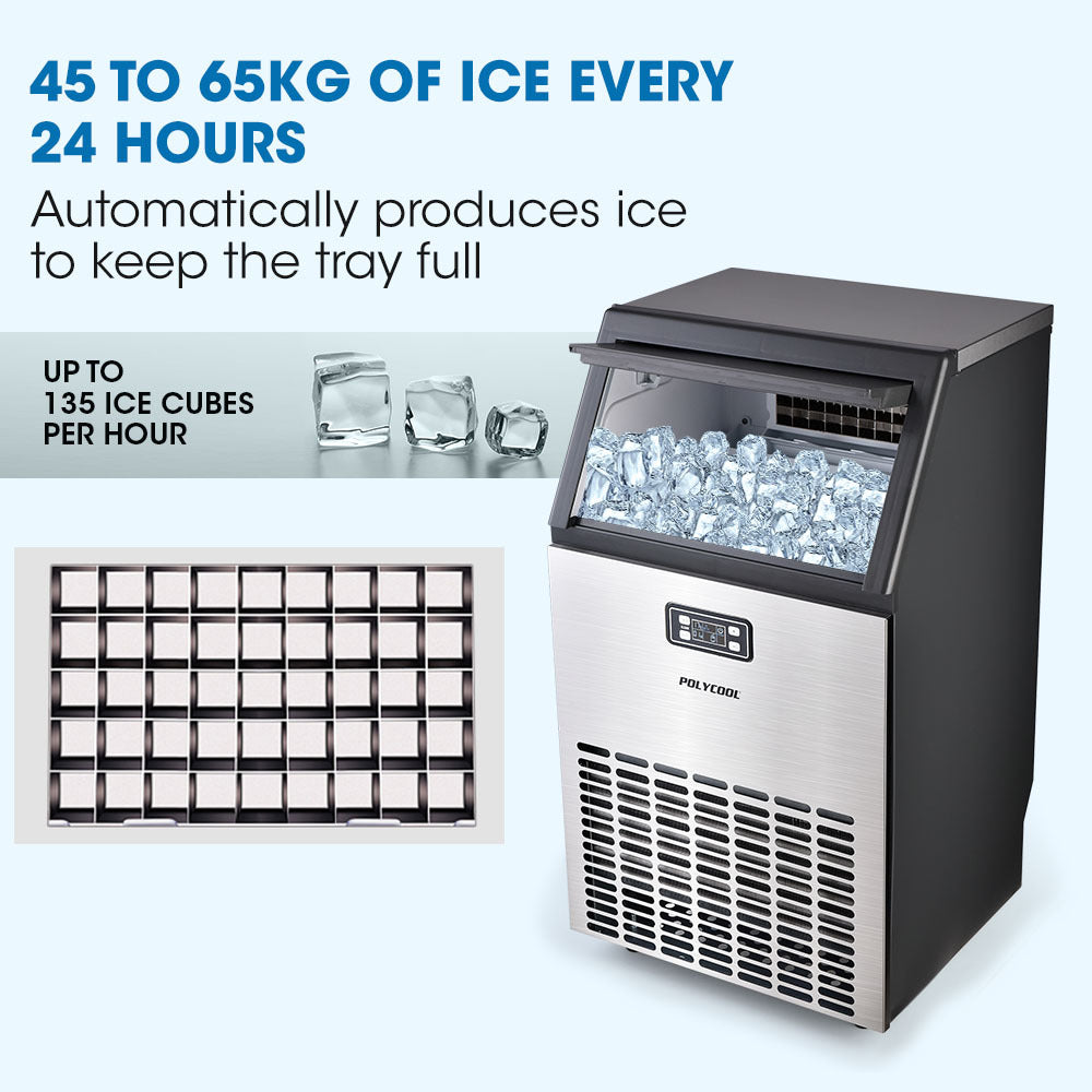 POLYCOOL Ice Cube Maker 45-65kg Commercial Ice Machine Stainless Steel Automatic with LCD Screen - SILBERSHELL