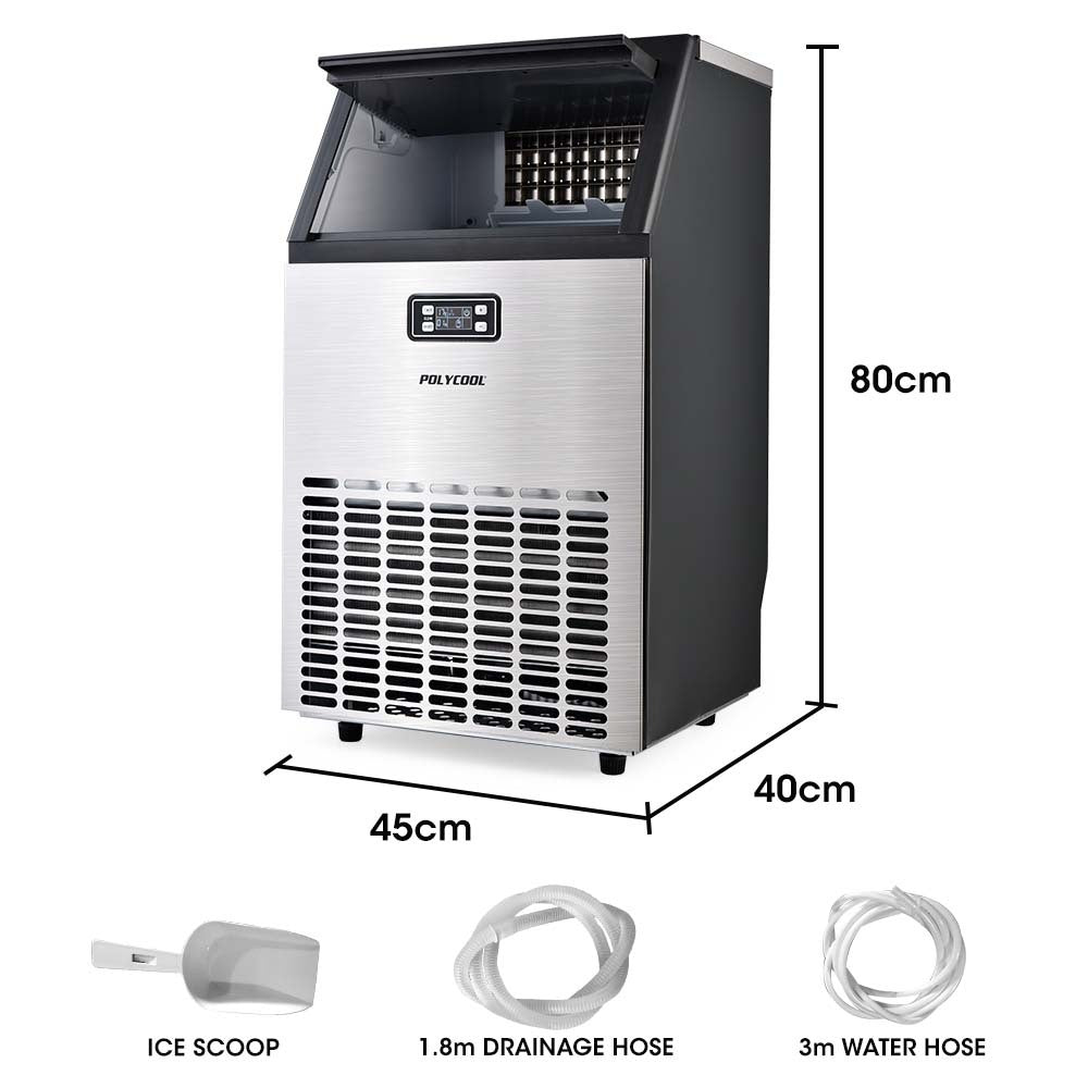 POLYCOOL Ice Cube Maker 45-65kg Commercial Ice Machine Stainless Steel Automatic with LCD Screen - SILBERSHELL