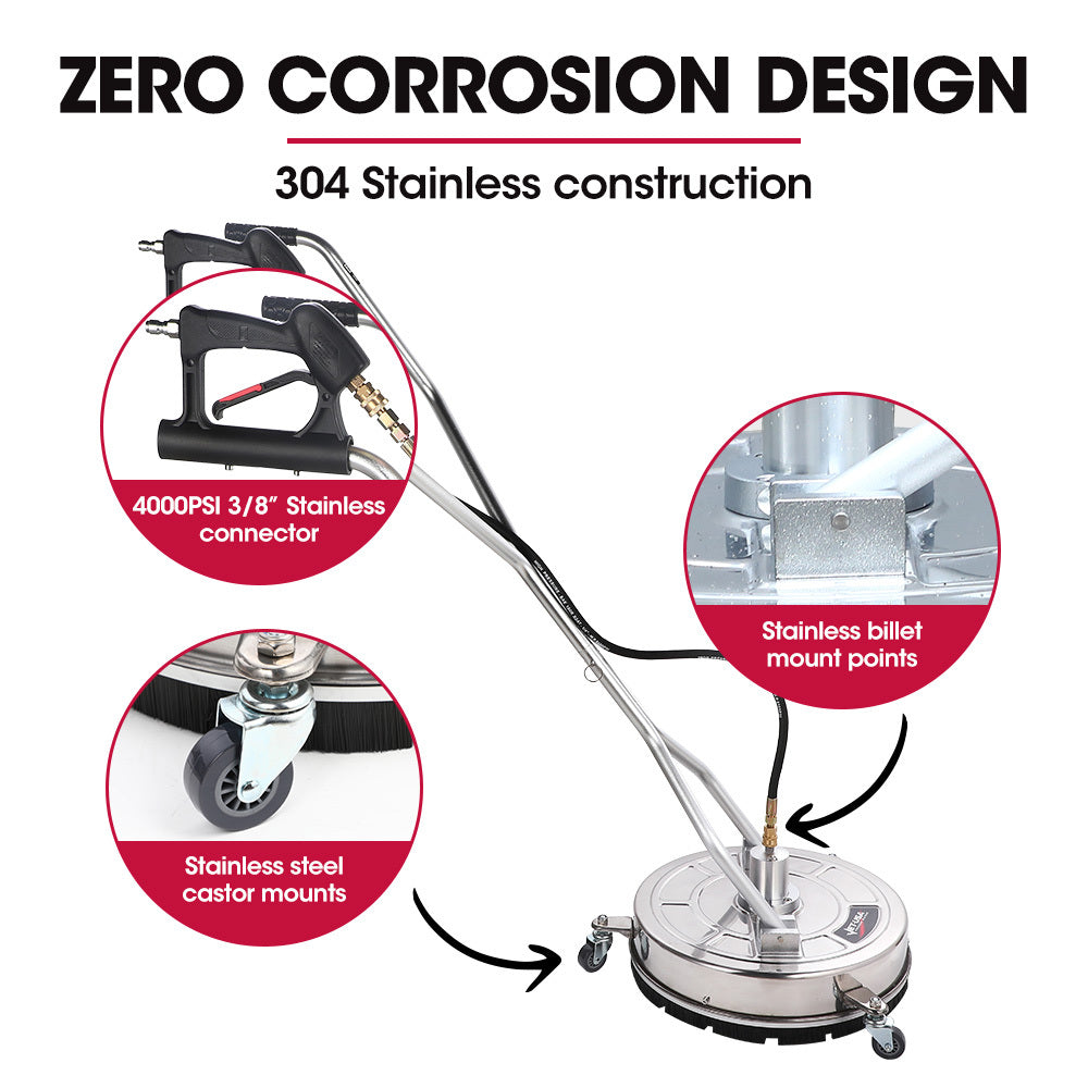 Jet-USA 18" Stainless Steel Pressure Washer Surface Cleaner with Yoke Handlebar, 3/8" Fitting, For Concrete Driveway Patio Floor - SILBERSHELL