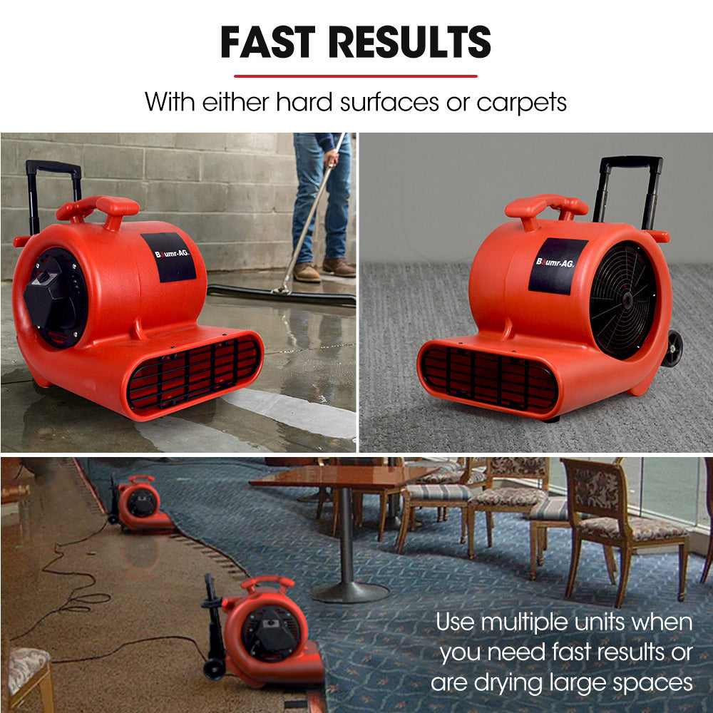 Baumr-AG 3-Speed Carpet Dryer Air Mover Blower Fan, 1400CFM, Sealed Copper Motor, Poly Housing, Telesscopic Handle and Wheels - SILBERSHELL