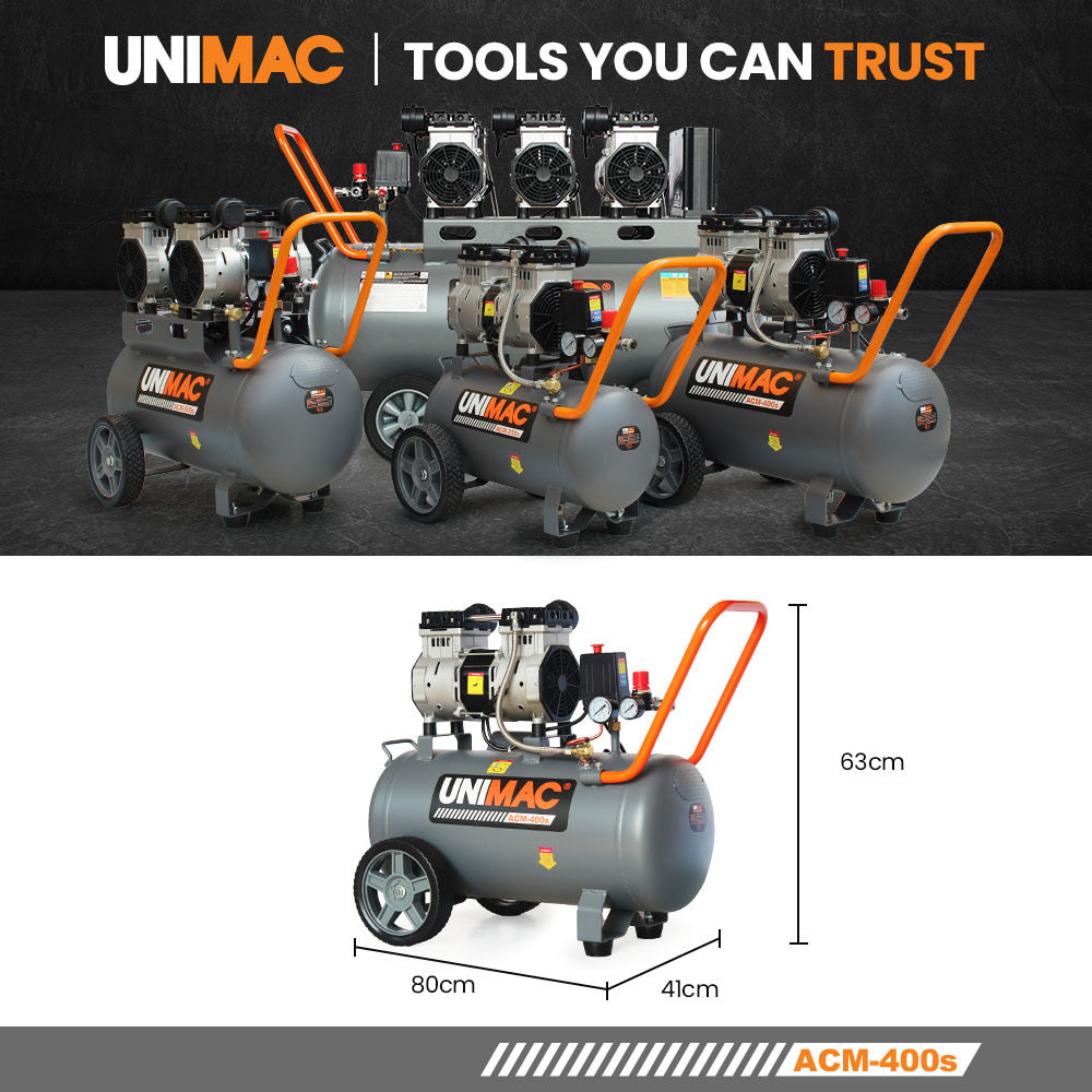 UNIMAC 40L 2.0HP Silent Oil-Free Electric Air Compressor, Portable, Twin Nitto Outlets - SILBERSHELL