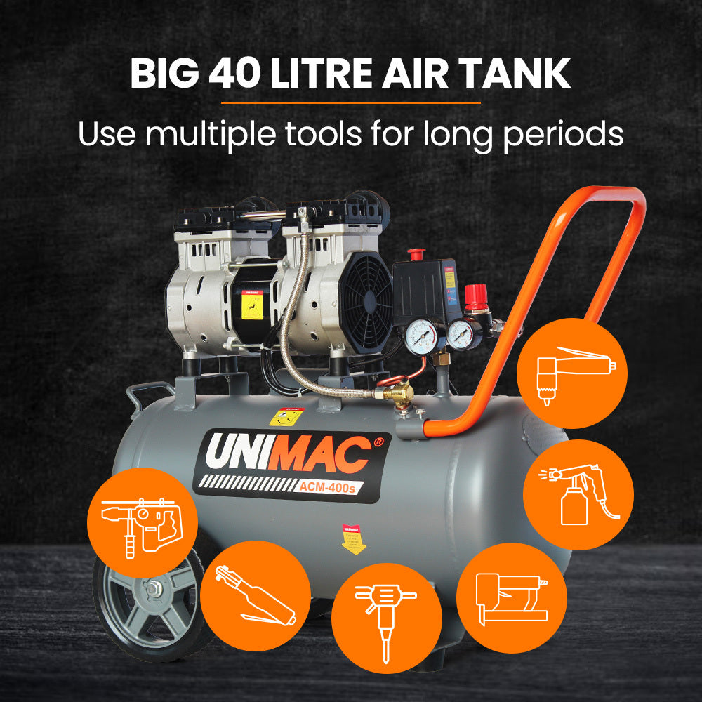 UNIMAC 40L 2.0HP Silent Oil-Free Electric Air Compressor, Portable, Twin Nitto Outlets - SILBERSHELL