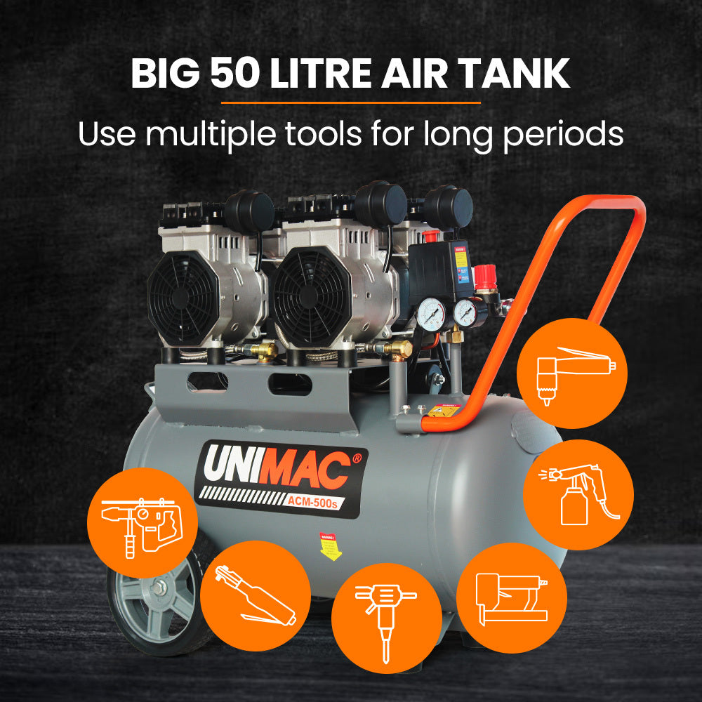 UNIMAC 50L 3.0HP Silent Oil-Free Electric Air Compressor, Portable, Twin Nitto Outlets - SILBERSHELL