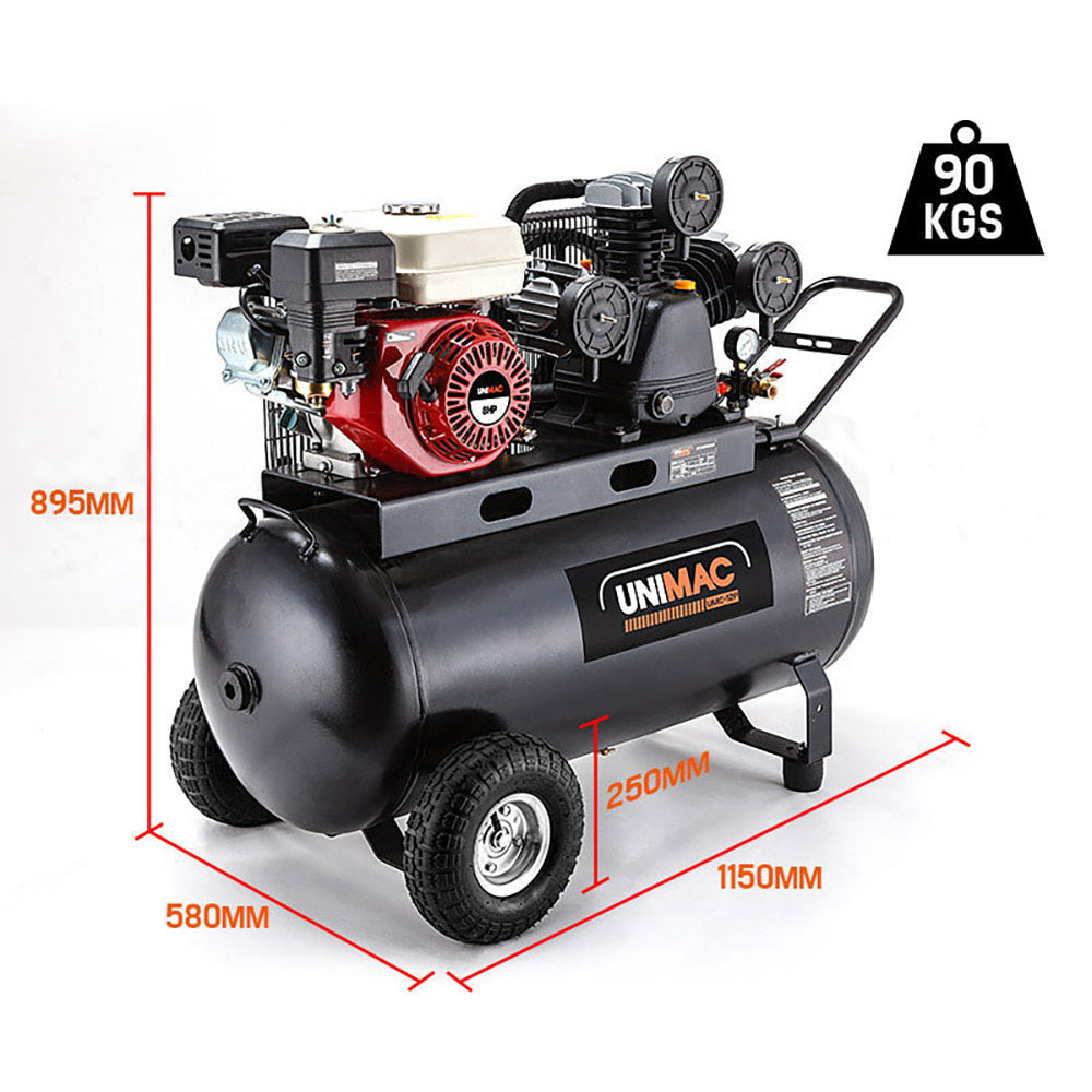 UNIMAC 8HP Air Compressor 115PSI 120L Petrol Powered Industrial Air Conditioning - SILBERSHELL