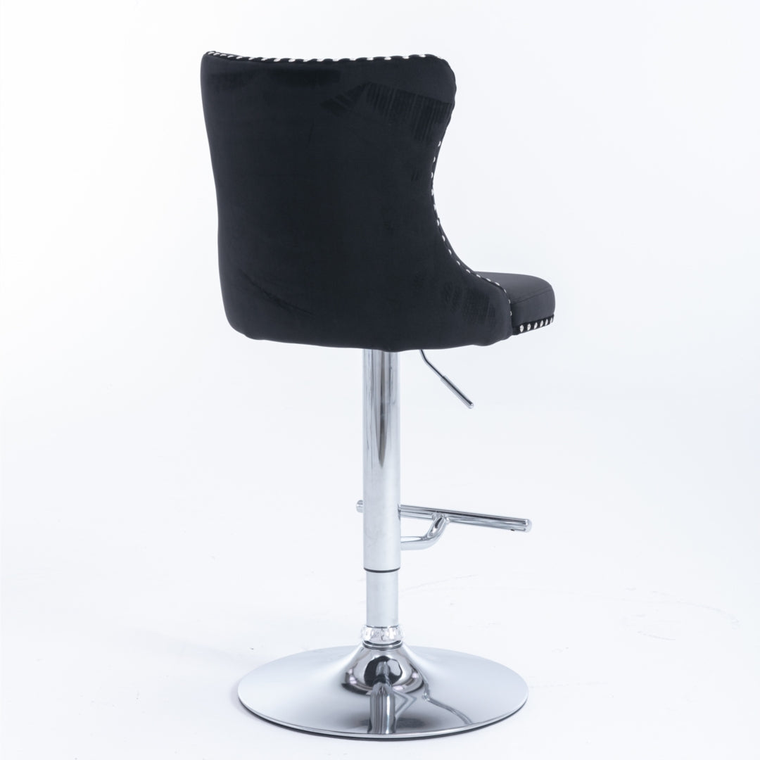 2x Height Adjustable Swivel Bar Stool Velvet Studs Barstool with Footrest and Chromed Base- Black - SILBERSHELL