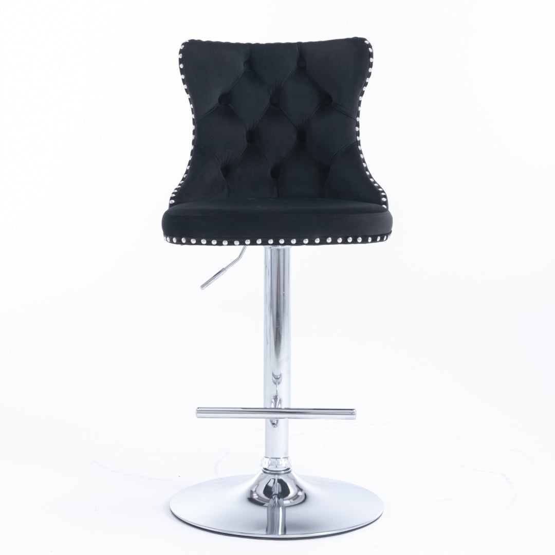 2x Height Adjustable Swivel Bar Stool Velvet Studs Barstool with Footrest and Chromed Base- Black - SILBERSHELL