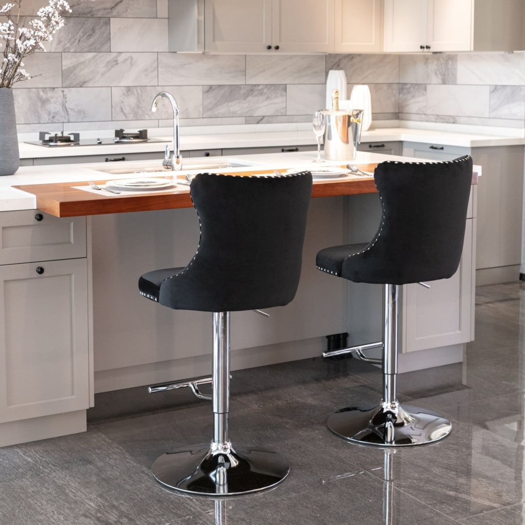 2x Height Adjustable Swivel Bar Stool Velvet Studs Barstool with Footrest and Chromed Base- Black - SILBERSHELL