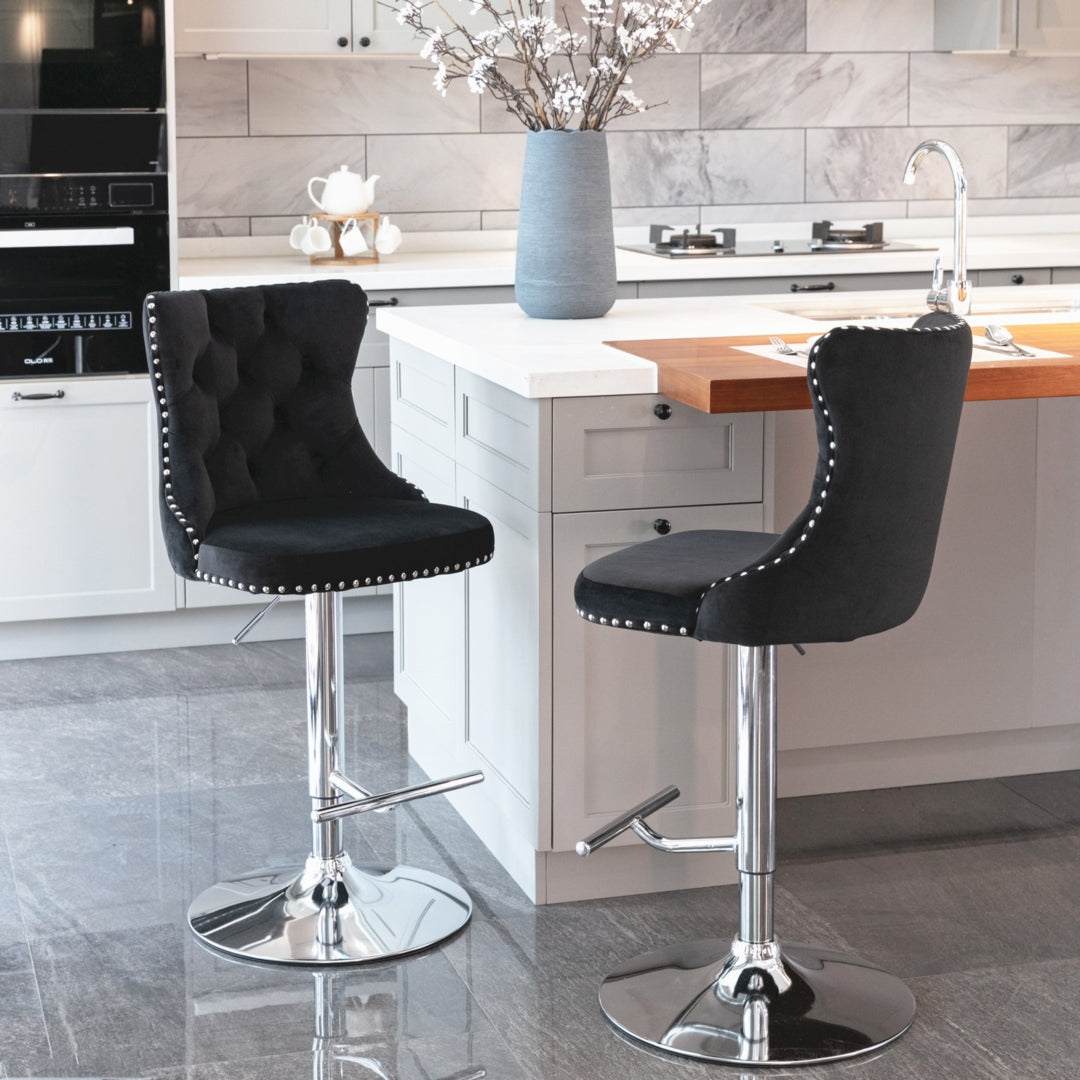 2x Height Adjustable Swivel Bar Stool Velvet Studs Barstool with Footrest and Chromed Base- Black - SILBERSHELL